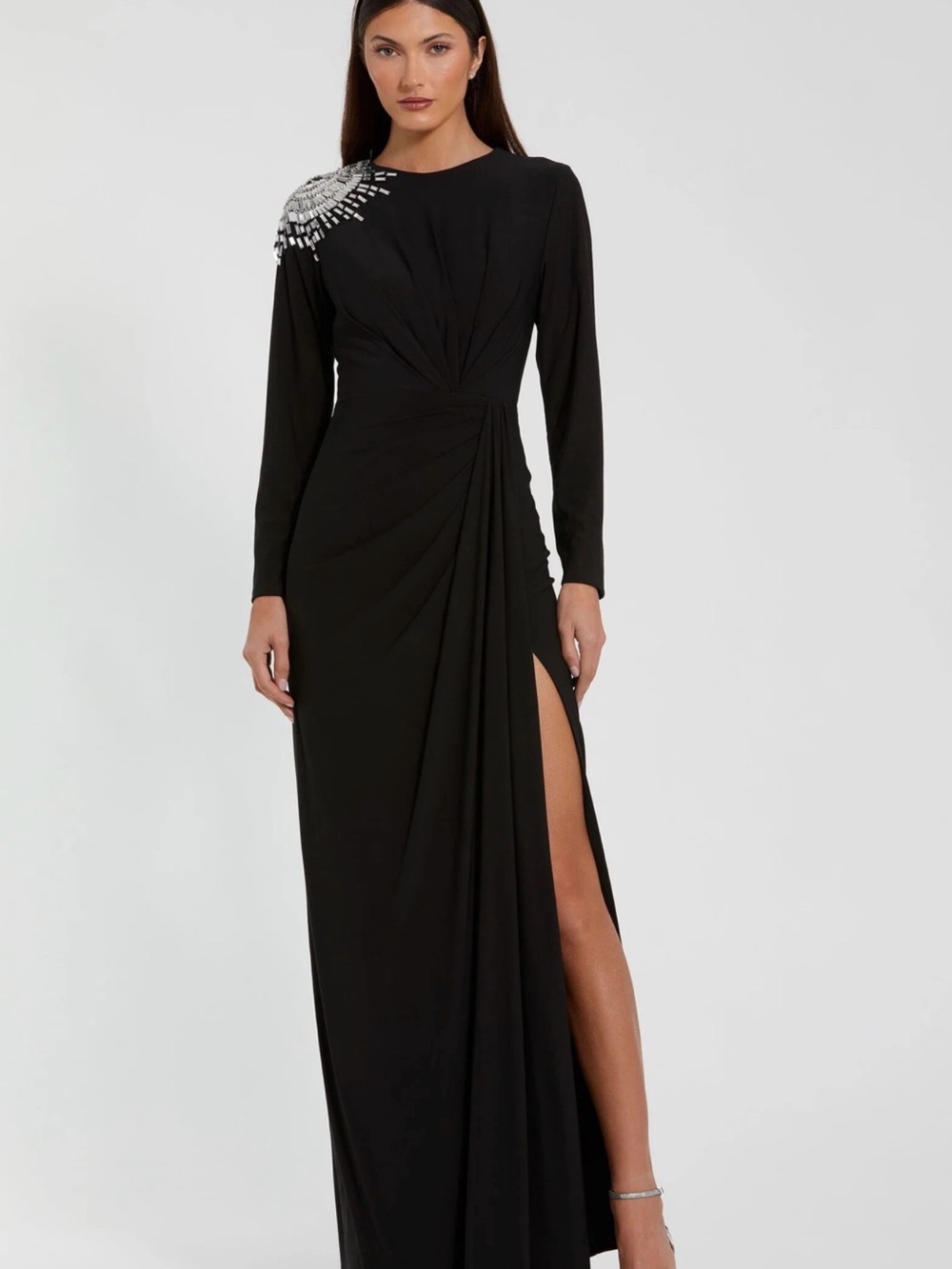 Mac Duggal Black Draped Maxi Dress with Thigh Slit